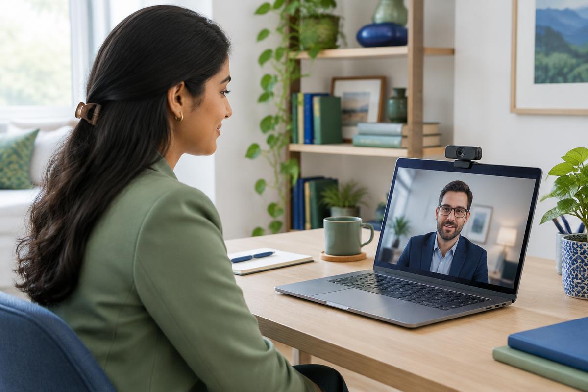 A candidate practising a video interview with a webcam