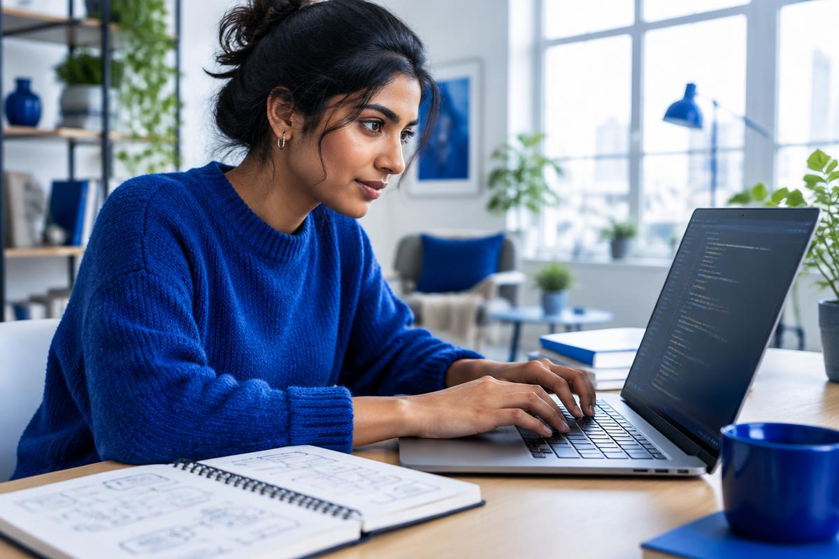 A learner coding with a laptop and project notebook